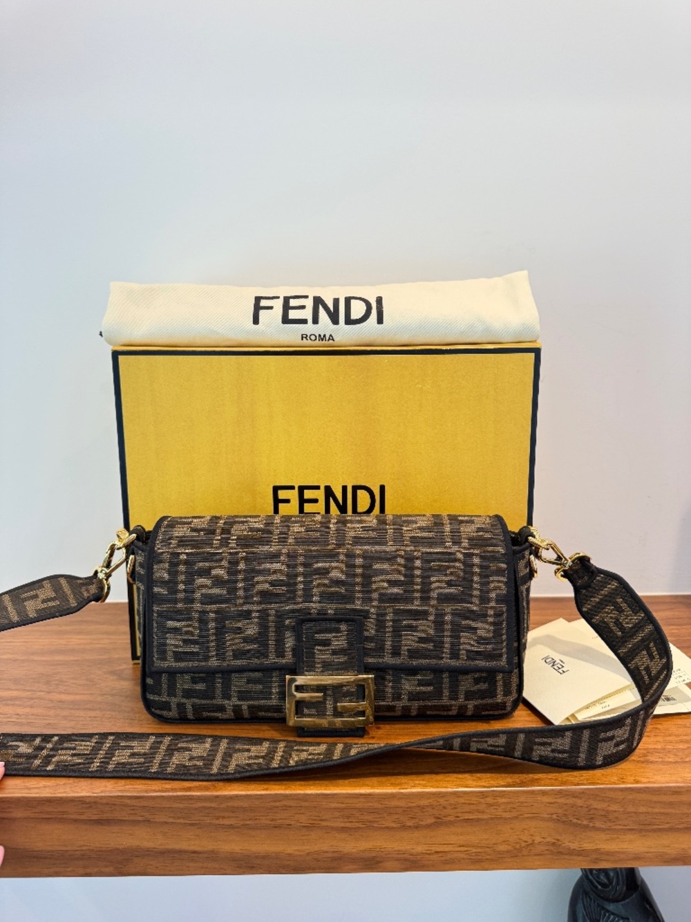 Fendi Fabric Jacquard FF 1974 Medium Baguette Tobacco Moro Black Pre-Owned